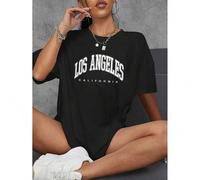 Shein Women's Casual Short Sleeve T-Shirt with "Los Angeles California" Print - Round Neck, Cotton, Glossy Texture, Relaxed Fit for Spring & Summer, Ladies