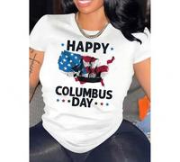Shein Women'S Columbus Day Celebration T-Shirt with Patriotic Flag and Letter Print, Casual Crew Neck Short Sleeve Tee, Polyester and Spandex Knit Fabric -