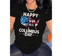 Shein Women'S Columbus Day Celebration T-Shirt with Patriotic Flag and Letter Print, Casual Crew Neck Short Sleeve Tee, Polyester and Spandex Knit Fabric -