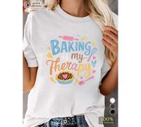 Shein Women'S Cotton Crew Neck T-Shirt with "Baking is My Therapy" Print - Comfort Sports Tee with Applique Detail, Slight Stretch