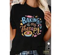Shein Women'S Cotton Crew Neck T-Shirt with "Baking is My Therapy" Print - Comfort Sports Tee with Applique Detail, Slight Stretch