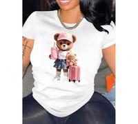 Shein Women's Cute Pink Travel Bear Graphic Tee - Soft & Comfortable Casual Short Sleeve T-Shirt, Perfect for Summer Vacations & Casual Attire