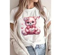 Shein Women'S Cute Teddy Bear Print T-Shirt, 100% Cotton Crew Neck, Regular Length, Casual Knit Fabric, Breathable & Comfortable, All-Season Anime Style Top