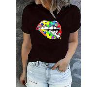 Shein Women's Fashion Geometric Maple Leaf Lips Print T-Shirt, Casual Round Neck Short Sleeve, Polyester Knit Stretch Summer Top, All-Season Comfort Fit