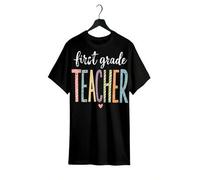 Shein Women's First Grade Teacher Colorful Letters & Heart Print T-Shirt - Soft Stretch Crew Neck Short Sleeve Casual Top, Machine Washable All-Season C