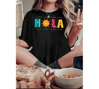 Shein Women's Fun & Colorful 'Hello Sunshine' Graphic Tee - Casual Crew Neck Short Sleeve T-Shirt, Stretchy Polyester Blend, Machine Washable - Perfect for