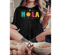 Shein Women's Fun & Colorful 'Hello Sunshine' Graphic Tee - Casual Crew Neck Short Sleeve T-Shirt, Stretchy Polyester Blend, Machine Washable - Perfect for