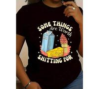 Shein Women's Funny Graphic T-Shirt - "Some Things Are Worth Shitting For" Humorous Design With Milk, Ice Cream & Cheese - Black Casual Round Neck Short Sle