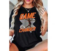 Shein Women's Game Changer Soccer Graphic Tee - Stylish Black Short Sleeve T-Shirt with Bold Orange Lettering, Comfortable Casual Sportswear for Casual Atti