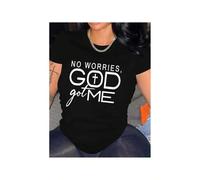 Shein Women's "God Got Me" Inspirational Black T-Shirt - Casual Crew Neck, Short Sleeve, 100% Polyester, Machine Washable - Perfect for Spring/Summer/Fall