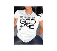 Shein Women's "God Got Me" Inspirational Black T-Shirt - Casual Crew Neck, Short Sleeve, 100% Polyester, Machine Washable - Perfect for Spring/Summer/Fall