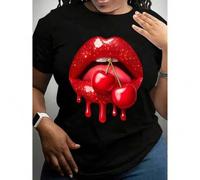 Shein Women's Graphic T-Shirt - Bold Red Lips & Cherry Print, 100% Cotton Casual Short Sleeve Round Neck Top for Spring/Summer Daily Wear, Ladies T Shir