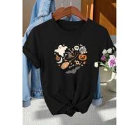 Shein Women's Halloween T-Shirt - Cute Ghosts, Pumpkin, Witch Hat & Happy Halloween Text in Heart - Retro Vintage Tee - Soft Round Neck Casual Top for H