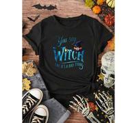 Shein Women's Halloween T-Shirt - Funny Witch Costume Party Outfit with "You Say Witch Like It's a Bad Thing" Slogan - Olive Green Graphic Tee - P