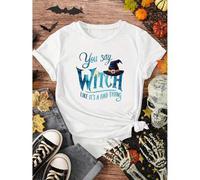 Shein Women's Halloween T-Shirt - Funny Witch Costume Party Outfit with "You Say Witch Like It's a Bad Thing" Slogan - Olive Green Graphic Tee - P