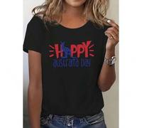 Shein Women's Happy Australia Day T-Shirt, Short Sleeve Crew Neck, Casual Knit Top with Alphabet Applique, Medium Stretch, All Season