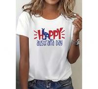 Shein Women's Happy Australia Day T-Shirt, Short Sleeve Crew Neck, Casual Knit Top with Alphabet Applique, Medium Stretch, All Season