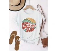 Shein Women's HERE COMES THE SUN Graphic Print T-Shirt - Short Sleeve Crew Neck Casual Top with Vibrant Sunrise Design, Machine Washable All-Season Comfort