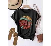 Shein Women's HERE COMES THE SUN Graphic Print T-Shirt - Short Sleeve Crew Neck Casual Top with Vibrant Sunrise Design, Machine Washable All-Season Comfort