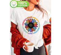 Shein Women's Inspirational Sunflower Print T-Shirt - 100% Cotton Short Sleeve Crew Neck Top with Kindness, Peace, Equality, Love, Hope, Diversity, Human Ri