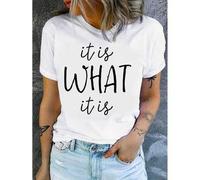 Shein Women'S "It Is What It Is" Letter Print T-Shirt, Casual Crew Neck, Medium Stretch, Knit Fabric, Regular Fit, Short Sleeve Tee with Applique Detail