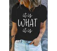 Shein Women'S "It Is What It Is" Letter Print T-Shirt, Casual Crew Neck, Medium Stretch, Knit Fabric, Regular Fit, Short Sleeve Tee with Applique Detail