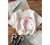 Shein Women's Jellyfish Graphic Print T-Shirt - 100% Cotton Lightweight 220gsm Crew Neck Short Sleeve Top with Social Club Lettering & Pink Jellyfish De