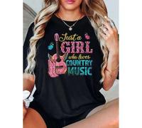 Shein Women's "Just A Girl Who Loves Country Music" Graphic T-Shirt - Comfy Cotton, Short Sleeve, Round Neck Tee with Guitar & Wings Print, Casual Activewea