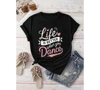 Shein Women's "Life is Better When You Dance" Graphic Tee - Active Casual Short Sleeve Crew Neck Top with Hearts and Stars Graphic, Machine Washable Tee, Co