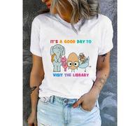 Shein Women's Lime Casual Short Sleeve T-Shirt - "It's a Good Day to Visit the Library" Graphic Print with Elephant, Robot & Egg Characters, R