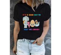 Shein Women's Lime Casual Short Sleeve T-Shirt - "It's a Good Day to Visit the Library" Graphic Print with Elephant, Robot & Egg Characters, R