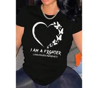 Shein Women's Lung Cancer Awareness T-Shirt - "I Am A Fighter" Heart & Butterfly Graphic Print, Black With White Design, Soft Stretch Round Neck Short Sleev
