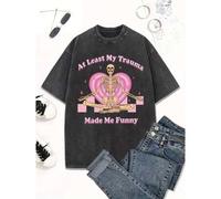 Shein Women's Mint Green Skeleton Graphic T-Shirt - Funny "at Least My Trauma Made Me Funny" Saying - Machine Washable Lightweight Top for Hallowe