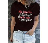 Shein Women's "My Favorite Valentine Calls Me Mama" Graphic Tee - White Casual Short Sleeve T-Shirt with Heart & Leopard Print Design, Soft Polyester Blend,