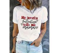 Shein Women's "My Favorite Valentine Calls Me Mama" Graphic Tee - White Casual Short Sleeve T-Shirt with Heart & Leopard Print Design, Soft Polyester Blend,