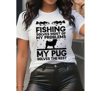 Shein Women's "My Pug Solves Most of My Problems" Graphic Tee - Casual Crew Neck Short Sleeve, Breathable Polyester, Perfect for Spring & Summer
