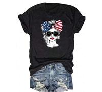 Shein Women's Patriotic American Flag Graphic Crew Neck T-Shirt - Lightweight Breathable Polyester Knit Short Sleeve Top With Round Neckline, Medium Stretch