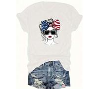 Shein Women's Patriotic American Flag Graphic Crew Neck T-Shirt - Lightweight Breathable Polyester Knit Short Sleeve Top With Round Neckline, Medium Stretch