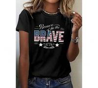 Shein Women's Patriotic "Because of the BRAVE 1776" American Flag Print T-Shirt - Vibrant Green Short Sleeve Crew Neck Casual Top, Medium Stretch