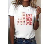 Shein Women's Patriotic "Best Dad Ever" American Flag Graphic T-Shirt - Short Sleeve Crew Neck Casual Top, Medium Stretch Machine Washable, Father's Day Gif