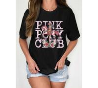 Shein Women's Pink Pony Club Graphic T-Shirt, 100% Crew Neck Tee, Casual Short Sleeve Pullover with Alphabet Pattern, All-Season Knit Fabric Top