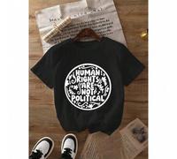 Shein Women'S Plus Size Casual T-Shirt With "Human Rights Are Not Political" Lettering Graphic Print, Short Sleeve Round Neck Summer Top, Black With White T