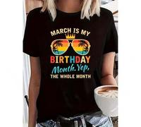 Shein Women's Plus Size Oversized T-Shirt, "March Is My Birthday Yes The Whole Month" Alphabet Print, Casual Summer Top, Round Neck, Polyester, Stretch Knit