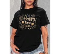 Shein Women'S Polyester Crew Neck T-Shirt, Casual Style, Medium Stretch Knit Fabric, with Happy New Year Champagne Graphic, Fireworks and Stars Print, for S