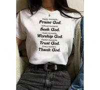 Shein Women's "Praise God" Inspirational Print T-Shirt - 100%, Crew Neck, Short Sleeve, Perfect for Spring & Summer, Machine Washable, Summer