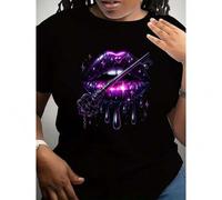 Shein Women'S Purple Crew Neck T-Shirt with Magic Key Lips Design, Casual Short Sleeve Knit Cotton Tee, Spring/Summer Fashion Top, Regular Fit, 180gsm - Pur