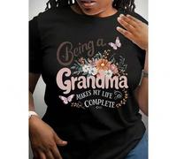 Shein Women's Regular Size "Being a Grandma Makes My Life Complete" Graphic Tee - Casual Round Neck Pullover with Floral Print and Butterfly Design, Black C