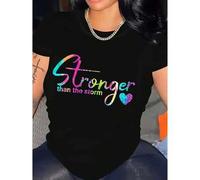 Shein Women'S Regular Size T-Shirt, "Stronger Than The Storm" Inspirational Quote, Cotton 100%, Crew Neck, Slight Stretch, Knit Fabric, Casual Style, Summer