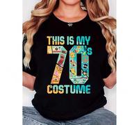 Shein Women's Retro 70s Graphic Print T-Shirt - "This is My 70's Costume" Design with Peace Signs & Cassette Tapes, Soft Round Neck Short Sleeve Tee for Cas