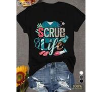 Shein Women's Scrub Life Graphic T-Shirt - Soft Short Sleeve, Casual Medical Design with Stethoscope & Nurse Cap Print, Black Comfort Fit for Healthcare